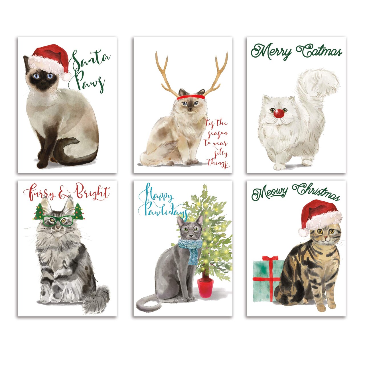 Cat Christmas Cards - 24-Pack Holiday Greeting Cards with 6 Adorable Cat Designs in Festive Themes, Perfect for Cat Lovers to Share Merry Christmas & Happy Holiday Wishes, Blank Inside for Personalized Messages - Cute and Playful Stationery Set